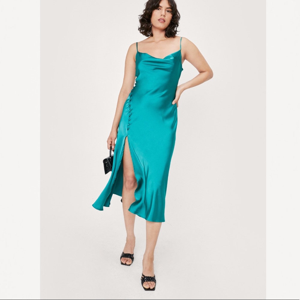Nasty Gal Satin Button Detail Cowl Neck Midi Dress in Green